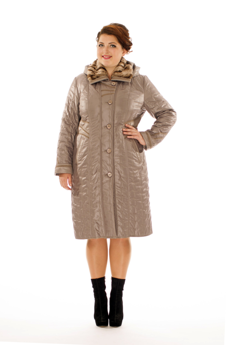Женское пальто из текстиля с капюшоном, отделка искусственный мех 8011865